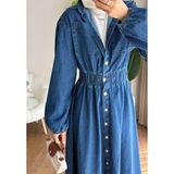 Kulvar Trend Y-03 Beli Kalın Lastikli Gömlek Yaka Kot Elbise - Koyu Mavi - L - XL