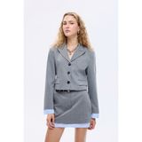 Kumaş Garnili Cep Detaylı Crop Blazer Ceket Gri