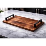 Kumi Lüks El Yapımı Ceviz Ağacı Servis Tepsisi - Gold Metal Kulplu (45X25 Cm) - Siyah - Gri