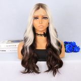 Kumral / Beyaz Platin Ombre Uçlar Kahverengi Su Daalı Tül Peruk