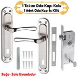 Kumru Nikel Saten Oda Kapi Kolu + Hok Er-40 Ekstra Gomme Kilit Ic Kapi Oda Kilidi Rulmanli Koseli 40 Mm Takim