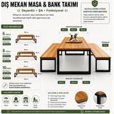 Kumsal Concept Masif Çam Ahşap Bahçe Masa Bank Takımı - Metal Ayaklı, Dış Mekan Koruyucu Vernikli - 200*90