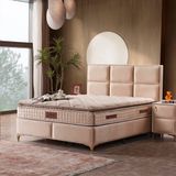KUMSHOME Carıa Tek Kişilik Ultra Full Ortopedik Pedli Yaylı Yatak + Baza + Başlık 3'lü Set - Açık Bej - 100 x 200 cm