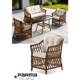 KUMSHOME Parma Çay Seti Bahçe Balkon Teras Mobilyası El Örgüsü Rattan 2+1+1 - 1 Adet Camlı Masa - Beyaz - Kahverengi