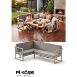 KUMSHOME Pi Köşe Metal Bahçe Balkon Takımı 3+2 Yön Değiştirilebilir Ahşap Masa Bej