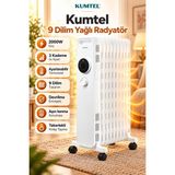 Kumtel 2000 W 9 Dilim Yağlı Radyatör Isıtıcı – 3 Güç Kademeli, Ayarlanabilir Termostatlı, Devrilme Emniyetli Beyaz