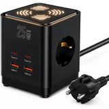 Küp Çoklu Priz 3 Topraklamalı Ac Priz, 2 Type-C + 2 Usb-A Çıkışlı, 25W Hızlı Şarj, 3680W 16A, Dokunmatik 3 Kademeli Led Gece Lambası, 1 Me