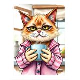 Kupa Tutan Sıcak Kedinin Karikatürü Hediyelik Ahşap Tablo