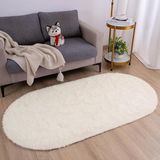 Kupon Halı Krem Oval Post Peluş Halı – Yumuşak Dokulu, Kaymaz Dot Taban, Antibakteriyel – Makinada Yıkanabilir Yolluk Halı - 40 x 60 cm