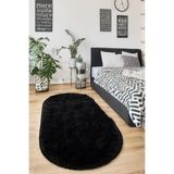 Kupon Halı Siyah Oval Post Peluş Halı – Yumuşak Dokulu, Kaymaz Dot Taban, Antibakteriyel – Makinada Yıkanabilir Yolluk Halı - 60 x 150 cm