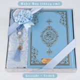 Kuran + Seccade + Tesbih Hediye Seti (Hafız Boy, Ekonomik Cilt, Desenli Kutu, Açık Mavi)