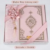 Kuran + Seccade + Tesbih Hediye Seti (Hafız Boy, Ekonomik Cilt, Desenli Kutu, Pembe)