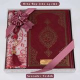 Kuran + Seccade + Tesbih Hediye Seti (Orta Boy, Ekonomik Cilt, Desenli Kutu, Bordo)