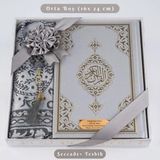 Kuran + Seccade + Tesbih Hediye Seti (Orta Boy, Ekonomik Cilt, Desenli Kutu, Gri) - 16x24 cm