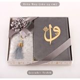 Kuran + Seccade + Tesbih Hediye Seti (Orta Boy, Kadife, Desenli Kutu, Gri) - 16x24 cm