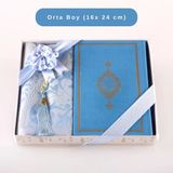 Kuran + Seccade + Tesbih Hediye Seti (Orta Boy, Termo Deri, Desenli Kutu, Açık Mavi)