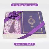 Kuran + Seccade + Tesbih Hediye Seti (Orta Boy, Termo Deri, Desenli Kutu, Mor)