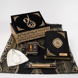 Kuran + Seccade + Tesbih + Takke + Esans + Misvak Hediye Seti (Orta Boy, Raşel Cilt, Siyah) - 16x24 cm