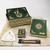 Kuran + Seccade + Tesbih + Takke + Esans + Misvak Hediye Seti (Orta Boy, Raşel Cilt, Yeşil)