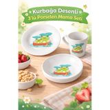 Kurbağa Desenli 3 Lü Porselen Çocuk Mama Seti Tabak Kase Kupa Beyaz