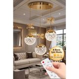 Küre Model 3'lü Gold Kumandalı 3 Renk Modu Ledli Kristal Taşlı Modern Salon Mutfak Oturma Odası LED Avize - Altın