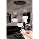 Küre Model 3"lü Siyah Kumandalı 3 Renk Modu Ledli Kristal Taşlı Modern Salon Mutfak Oturma Odası LED Avize