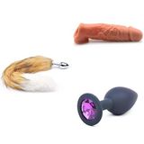 Kürklü Kuyruklu Anal Tıkaç Ten Beyaz + Gerçekçi Penis Kılıf Uzatıcı 15 cm + Anal Tıkaç Elmas Taşlı Küçük