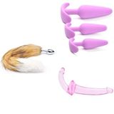 Kürklü Kuyruklu Anal Tıkaç Ten Beyaz + Silikon Üçlü Anal Tıkaç Seti Mor + Askısız Çift Uçlu Dildo
