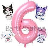 Kuromi 6 Yaş Mini Pembe Balon Set Kuromi Mymelody Cinnamonroll Konsept Doğum Günü Balon Set