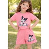 Kuromi Karakterli Kız Çocuk Yazlık Takım - Kısa Kollu Tişört ve Rahat Kesim Şort Kombini - 4 - 5 Yaş - Pembe