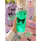 Kuromi Suluk Pipetli Buzlu Cam Görünümlü LED Işıklı 450 ml Çift Katman Mika Su Şişesi 2647 Yeşil