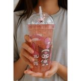 Kuromi Temalı Pembe Suluk Pipetli Buzlu Cam Görünümlü 450 ml Çift Katman Mika Su Şişesi 2647 Pembe - Karışık - 1