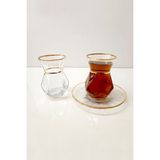 Kurşun Kristal Lav Alya Gerçek Altın Yaldızlı (BULAŞIK MAKİNESİ GARANTİLİ) 12 Parça Çay Bardağı Çay Tabağı Seti - 12 Adet