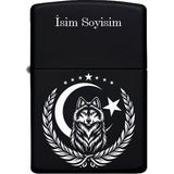 Kurt ve Ay Yıldız Desenli Kişiye Özel Isimli Benzinli Siyah Metal Çakmak MP15