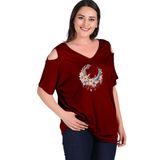 Kurun's Collection Büyük Beden Boho Hilal Baskılı Omuzu V Pencere Kısa Kol Bluz Bordo 50-52