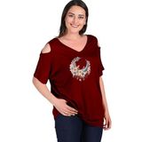 Kurun's Collection Büyük Beden Boho Hilal Baskılı Omuzu V Pencere Kısa Kol Bluz Bordo 54-56