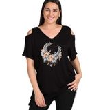 Kurun's Collection Büyük Beden Boho Hilal Baskılı Omuzu V Pencere Kısa Kol Bluz Siyah 46-48