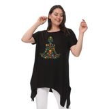 Kurun's Collection Büyük Beden Çiçek Yoga Baskılı Kısa Kol Yırtmaçlı Basic Bluz Siyah 42-44