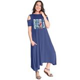 Kurun's Collection Büyük Beden Deniz Feneri Salty Baskılı Omuz Açık Elbise İndigo 46-48