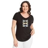 Kurun's Collection Büyük Beden Dragonfly Baskılı Geniş V Yaka Kısa Kol Oval Yırtmaç Bluz Siyah 50-52
