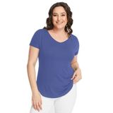 Kurun's Collection Büyük Beden Geniş V Yaka Kısa Kol Oval Yırtmaç Bluz İndigo 54-56
