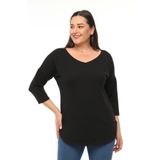 Kurun's Collection Büyük Beden Geniş V Yaka Yarım Kol Oval Yırtmaç Bluz Siyah 42-44