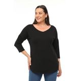 Kurun's Collection Büyük Beden Geniş V Yaka Yarım Kol Oval Yırtmaç Bluz Siyah 50-52