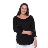 Kurun's Collection Büyük Beden İnci Detaylı Geniş V Yaka Yarım Kol Oval Yırtmaç Bluz Siyah 50-52