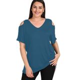 Kurun's Collection Büyük Beden Omuzu V Pencere Kısa Kol Bluz İndigo 42-44