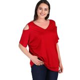 Kurun's Collection Büyük Beden Omuzu V Pencere Kısa Kol Bluz Kırmızı 46-48