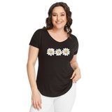 Kurun's Collection Büyük Beden Papatya Baskılı Geniş V Yaka Kısa Kol Oval Yırtmaç Bluz Siyah 42-44