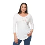Kurun's Collection Büyük Beden Sakura Baskılı Geniş V Yaka Yarım Kol Oval Yırtmaç Bluz Beyaz 54-56