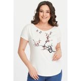 Kurun's Collection Büyük Beden Sakura Kelebek Baskılı Geniş V Yaka Kısa Kol Oval Yırtmaç Bluz-1