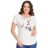 Kurun's Collection Büyük Beden Sakura Kelebek Baskılı Geniş V Yaka Kısa Kol Oval Yırtmaç Bluz Ekru 42-44